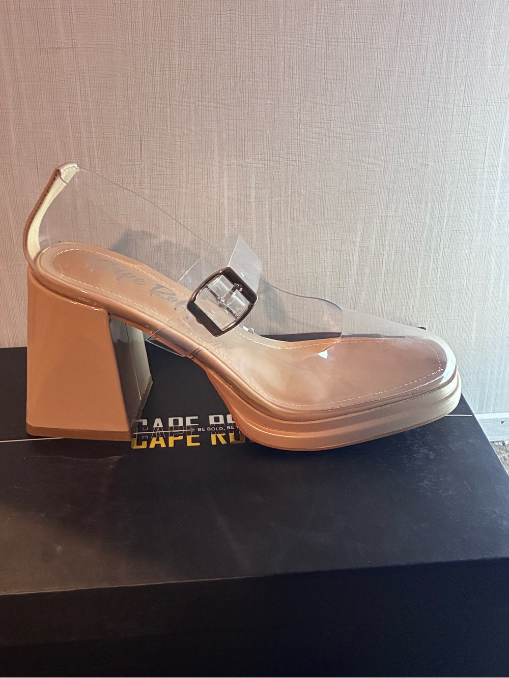 Cape Robbin Clear Strap Beige Block Heel Sandal